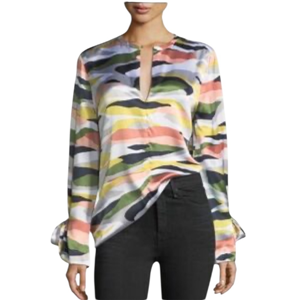 Equipment Silk Multicolor Camouflage Blouse Shirt Top Tie Cuffs M